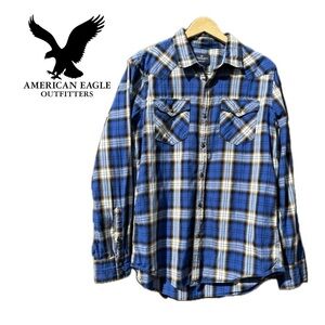 American Eagle Seriously Soft Blue White Brown Plaid Shirt Snap Closure Mens Lg